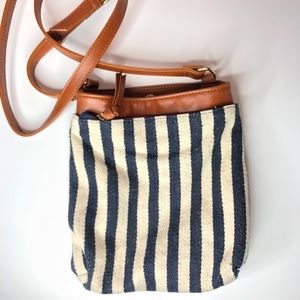 Blue and white stripe cross body bag with leather